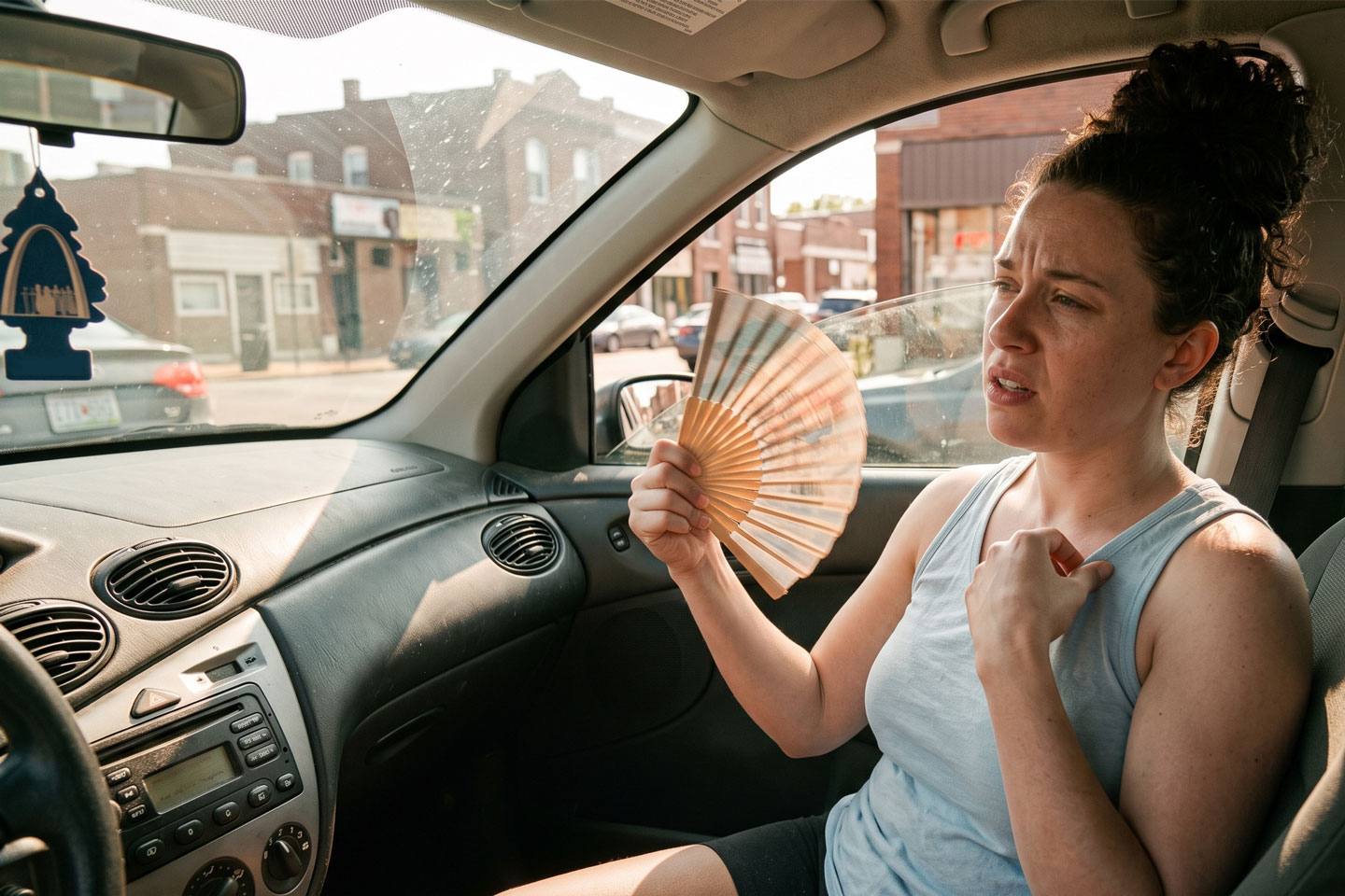 broken-ac-in-car-fanning-woman
